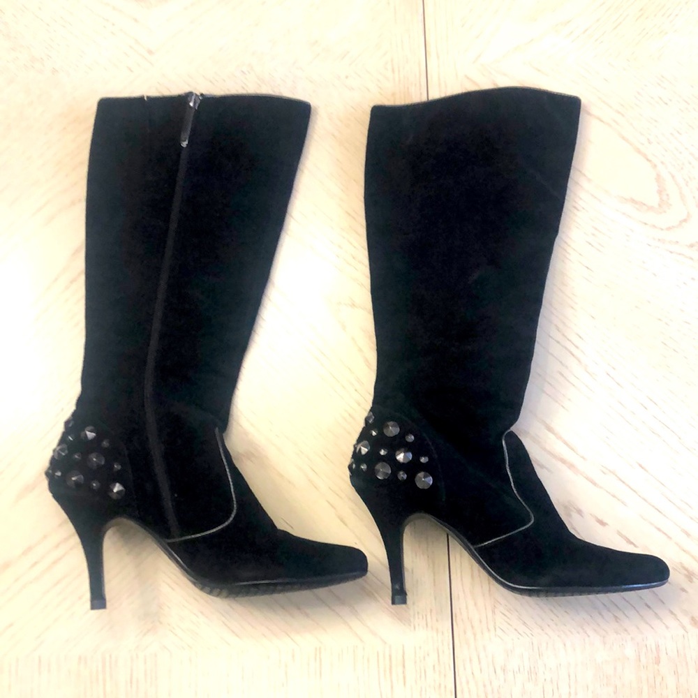 Donald J. Pliner Women Black Suede Studded 3” Heel Boots Size 7 Bruna Knee High